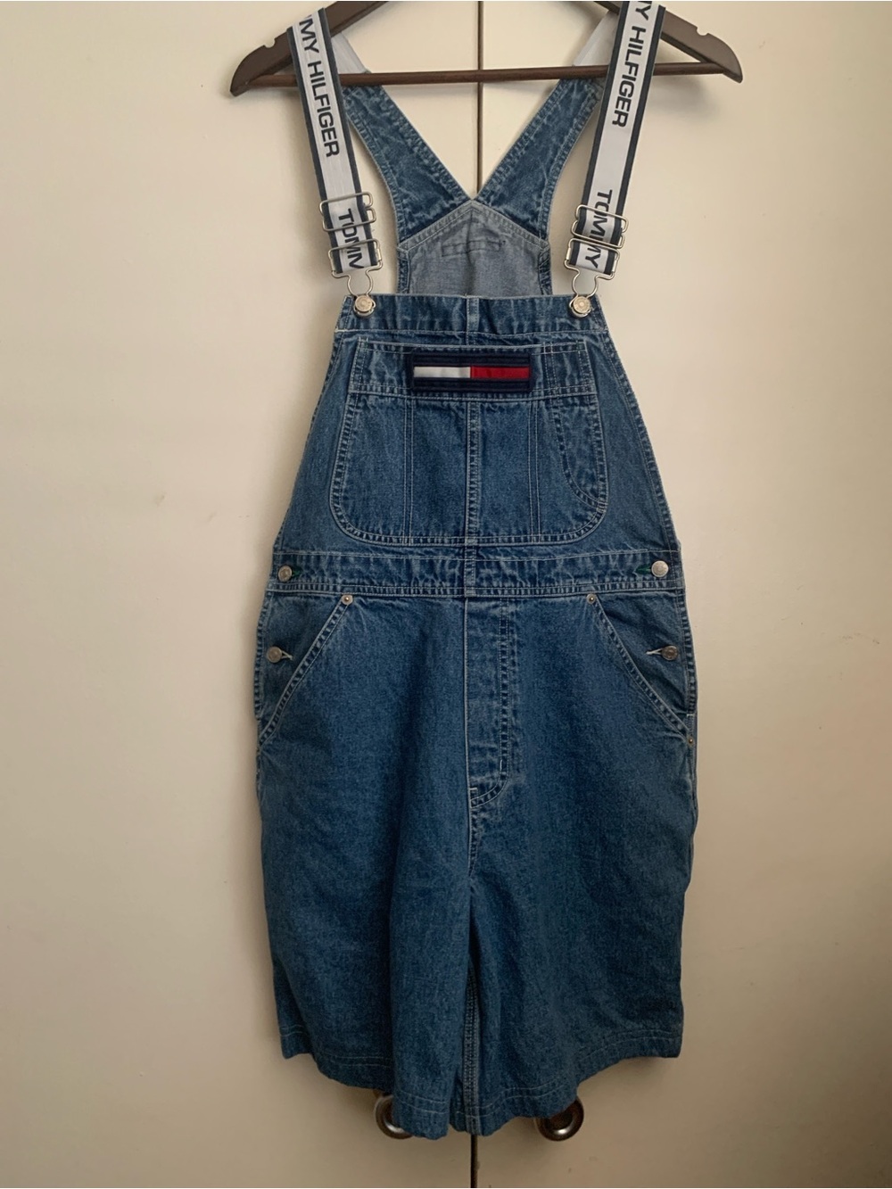Vintage Tommy Hilfiger Denim Short Overalls with Signature Stripe -100% cotton